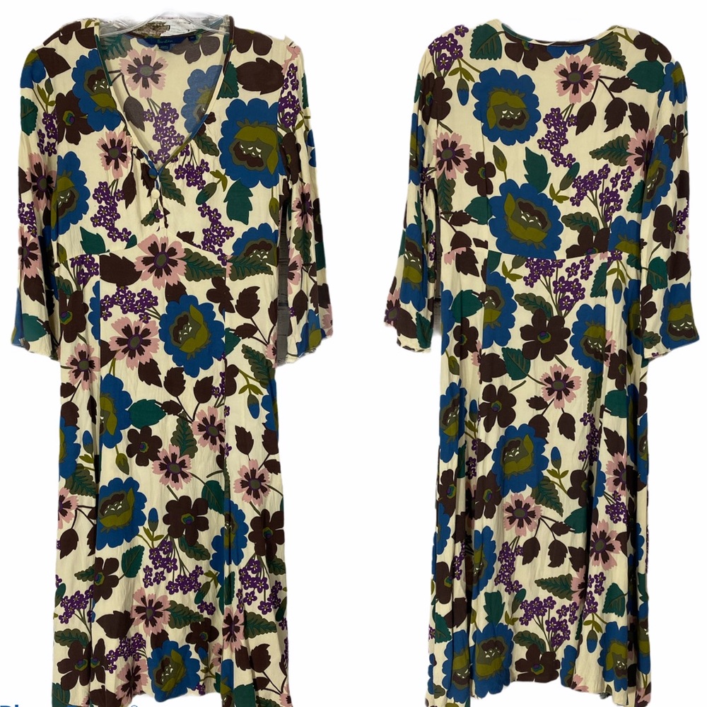 Boden Creamy Floral V Neck Dress Size 14